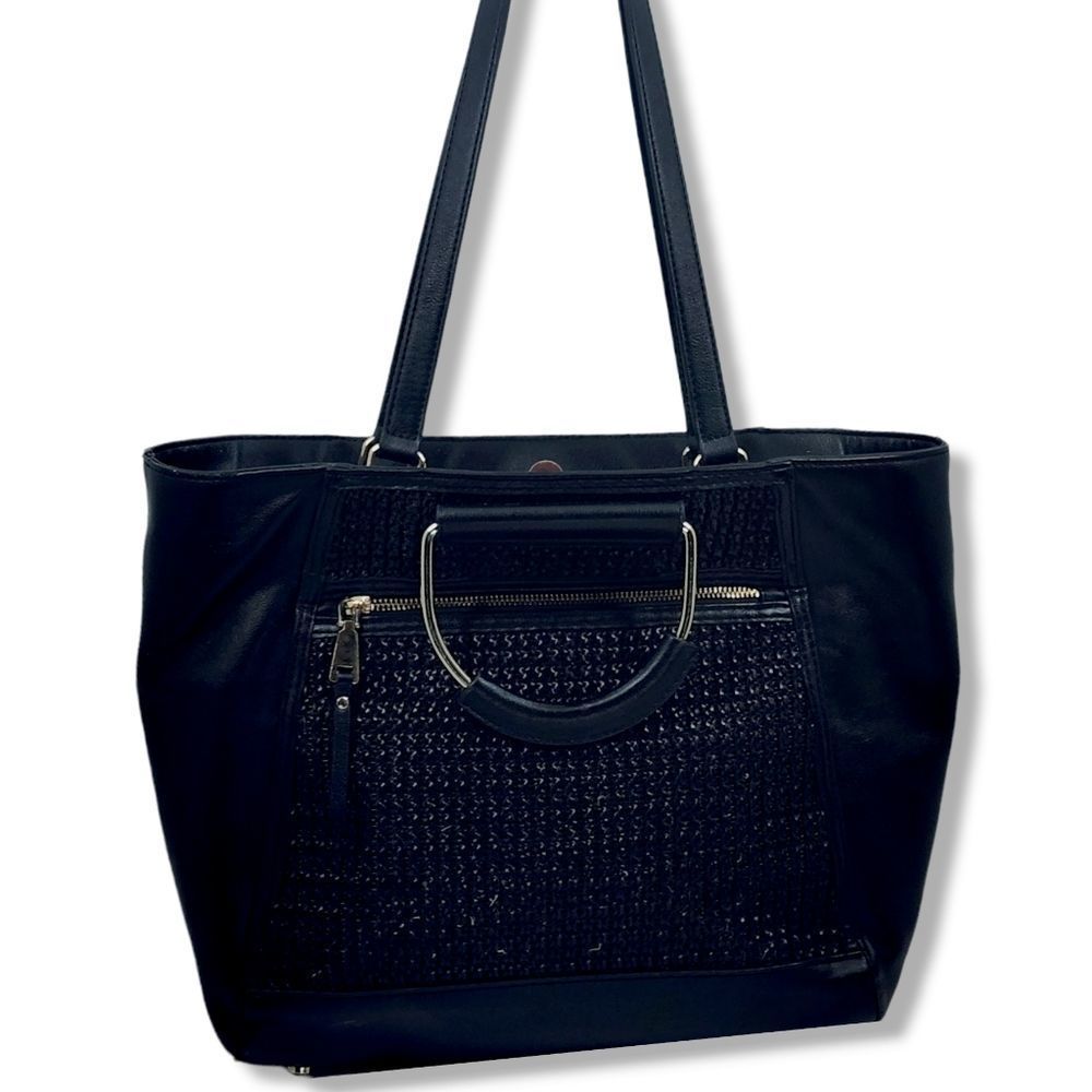International Concept Large Black Straw and Faux Leather Tote